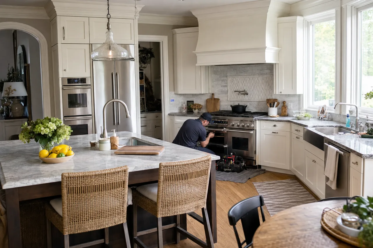 A luxury kitchen with built-in stainless appliances in a Ridgefield kitchen