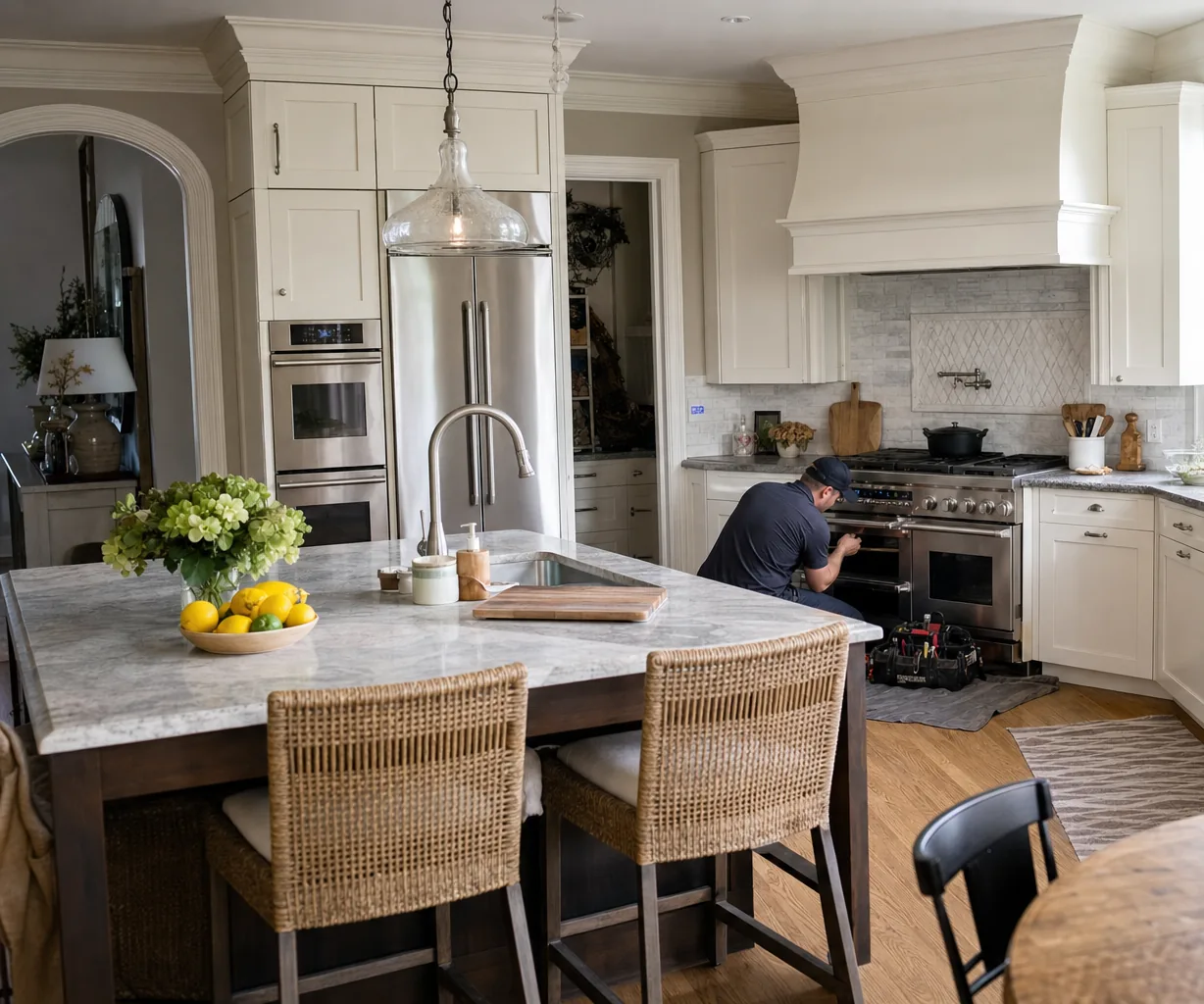 A luxury kitchen with built-in stainless appliances up close