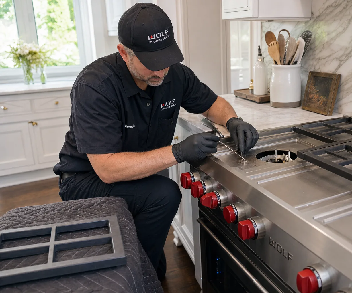 Technician servicing a stainless Wolf range in a Ridgefield kitchen